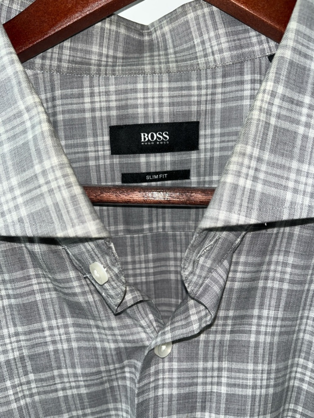 BOSS Men's Gray Plaid Casual Button-Down Shirt Size 18 Slim Fit